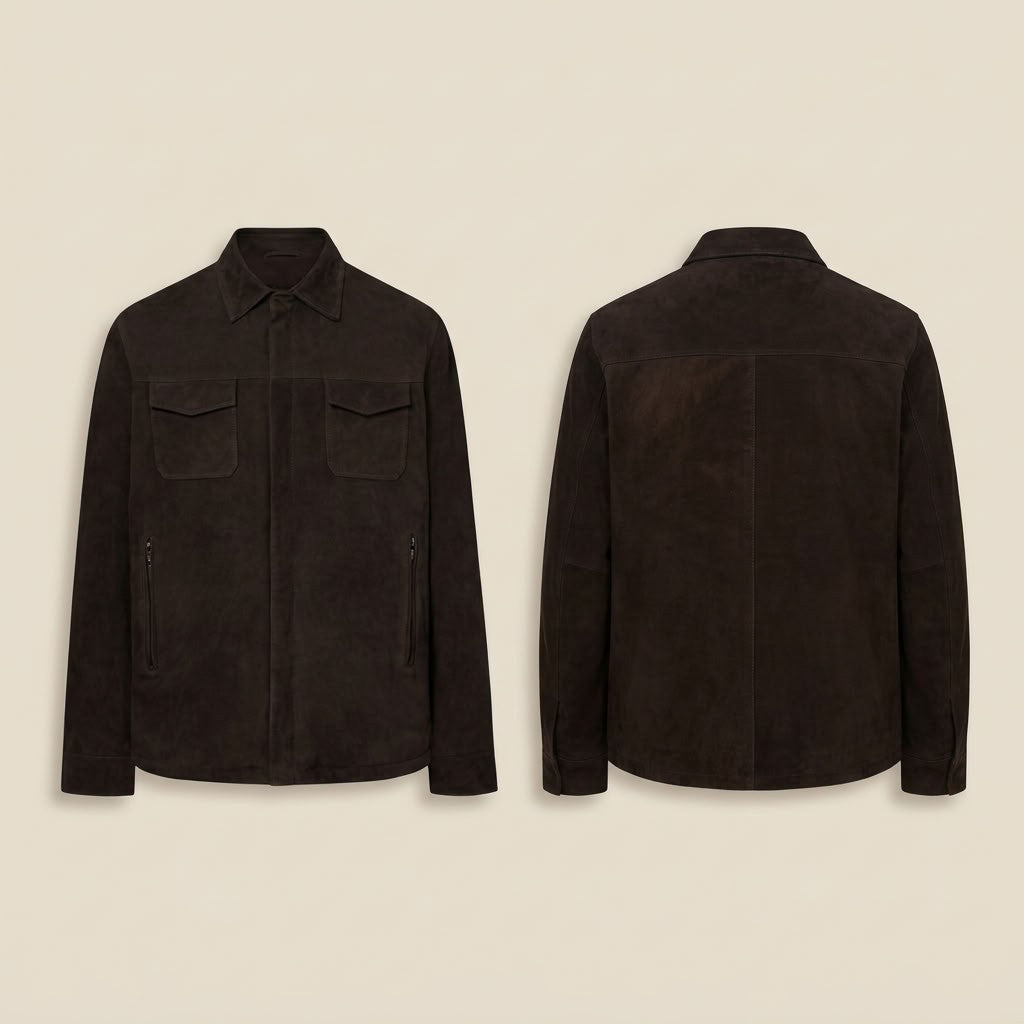 Torras 100% goat suede shirt jacket in natural tan color, featuring a classic collar and front button closure.