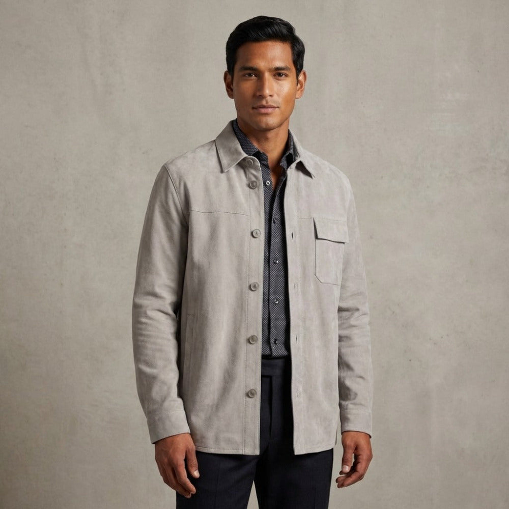 Torras 100% soft suede shirt jacket in grey, stylish coats and jackets for a sleek, comfortable look.