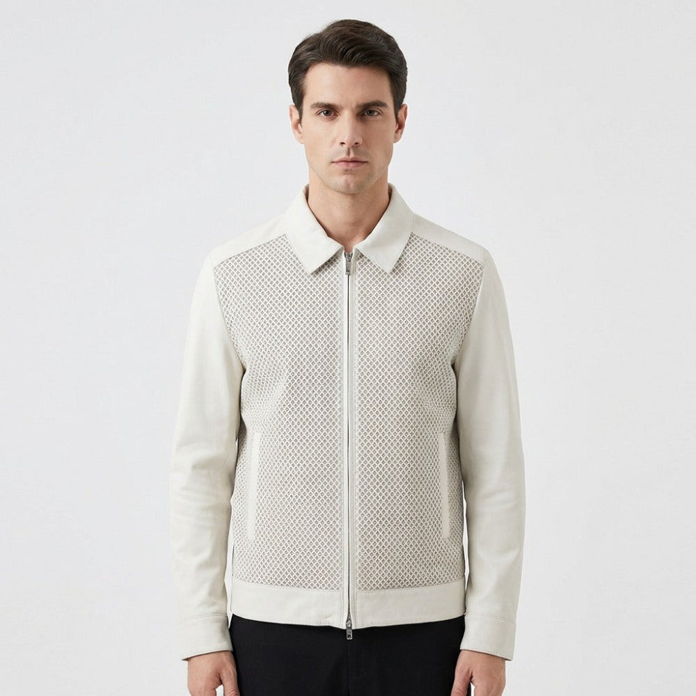 Torras white zip-up leather jacket for men, made of soft 100% genuine leather, stylish coat with a modern fit.