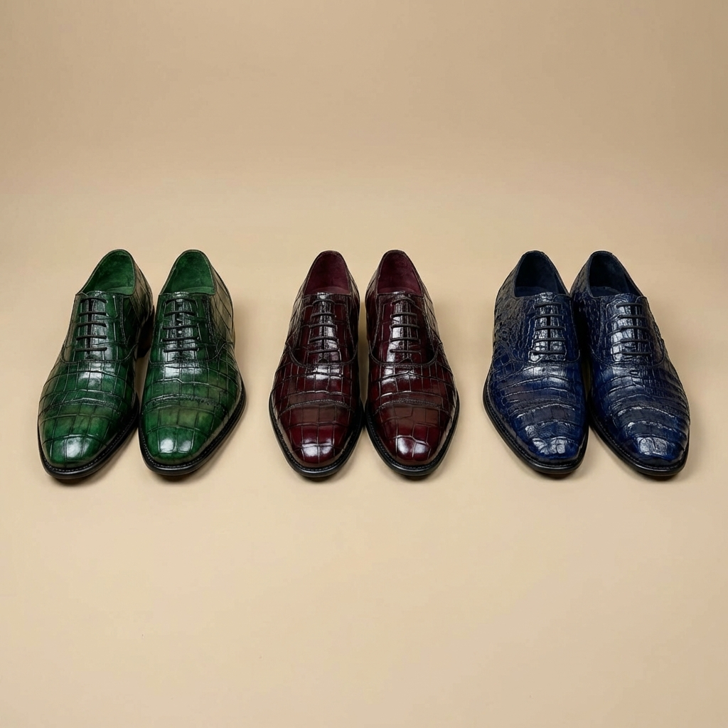 Calzoleria Toscana crocodile leather lace-up dress shoes with cap-toe design, ideal for formal or elegant occasions.
