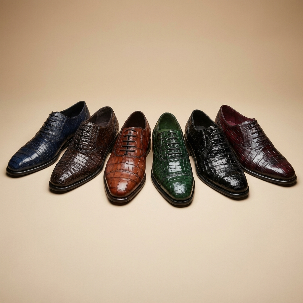 Calzoleria Toscana Caiman crocodile leather lace-up dress shoes with cap-toe design for formal wear.