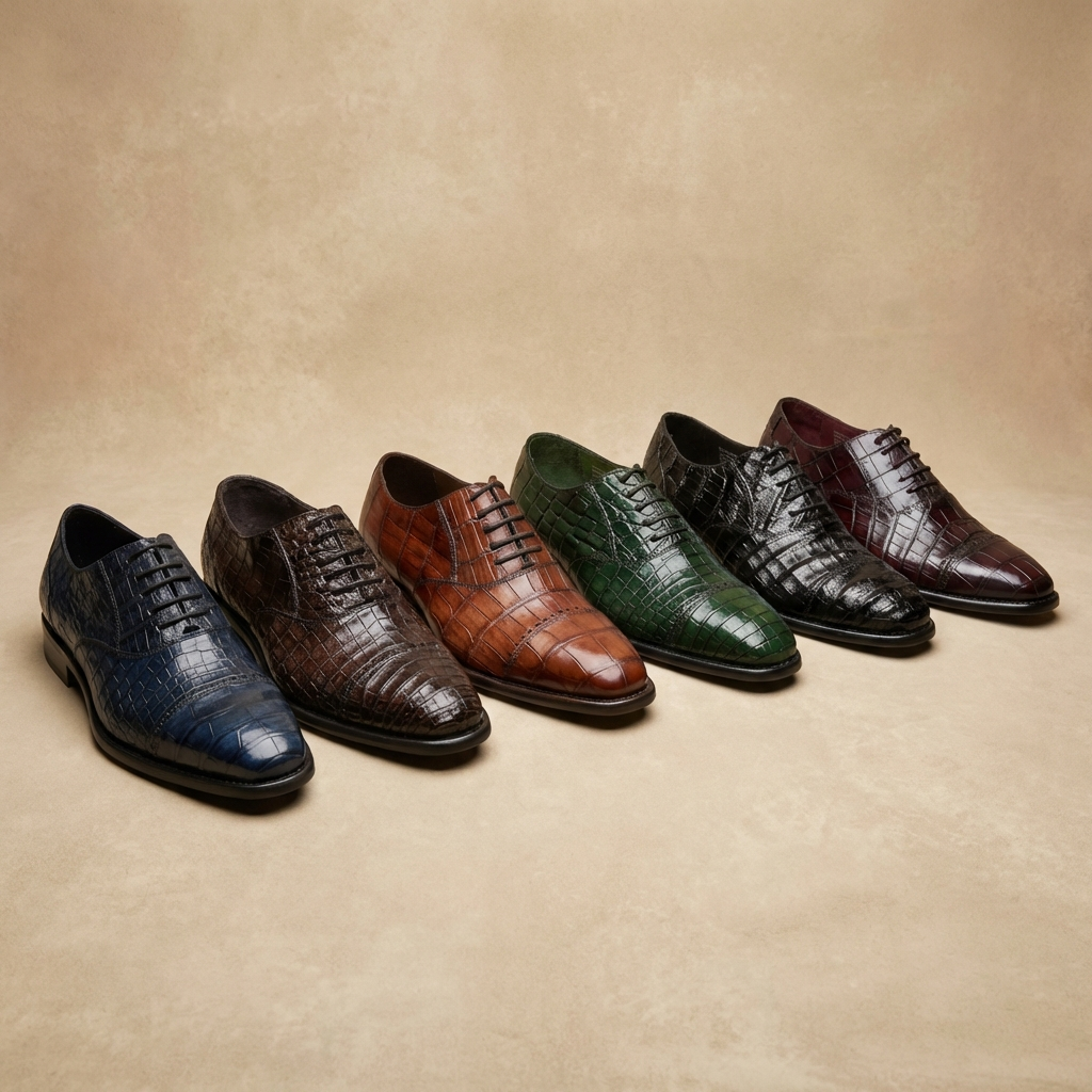 Calzoleria Toscana Caiman crocodile leather lace-up dress shoes with cap-toe design, perfect for formal occasions.
