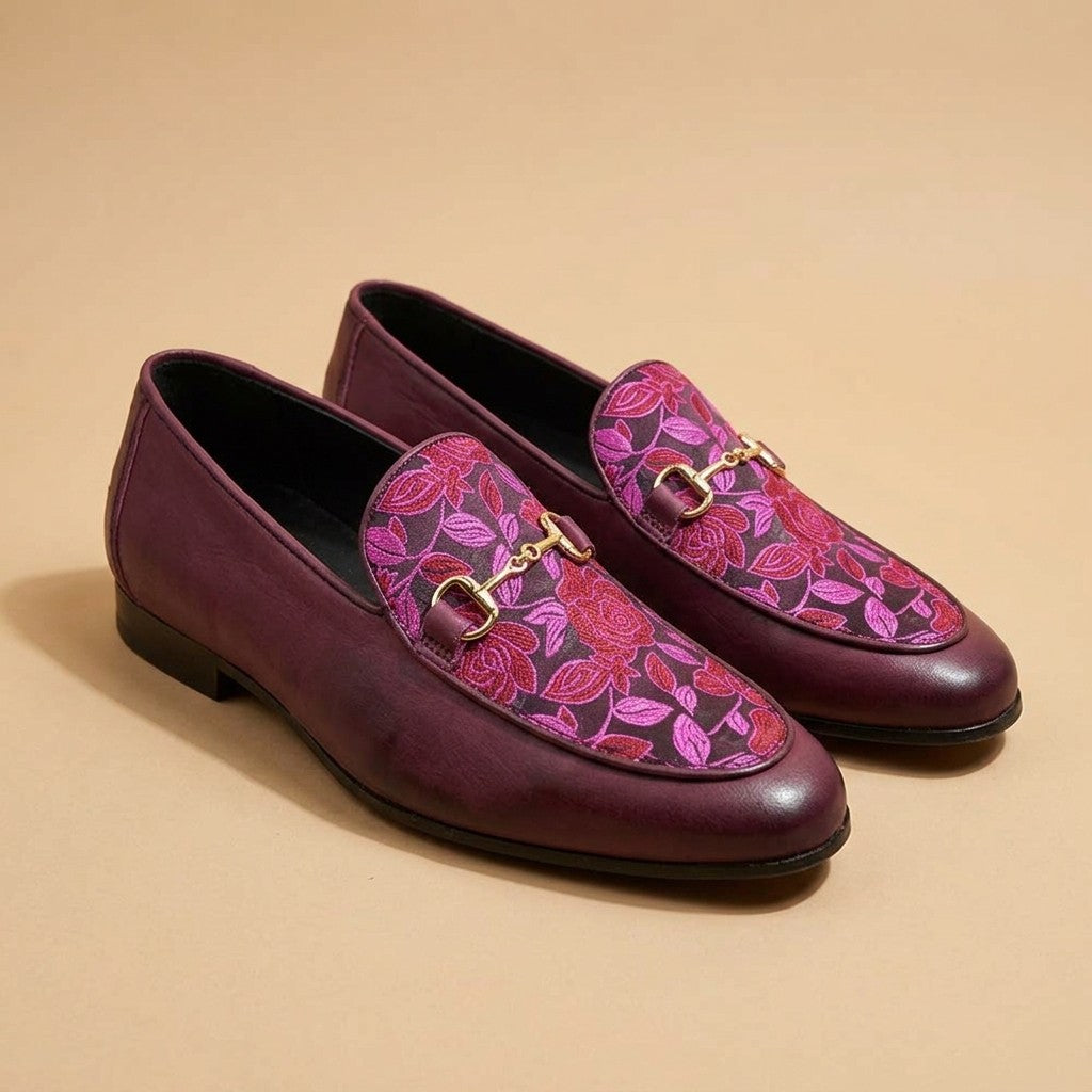Walk London Jude Gold Vamp pink floral top loafers with stylish gold accents, featuring a comfortable slip-on design.