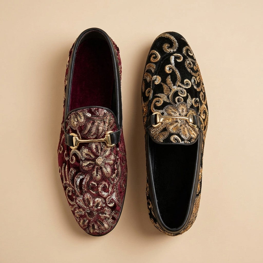 Walk London Harrison sequin velvet loafers featuring shiny sequins and plush velvet material, displayed on a neutral background.