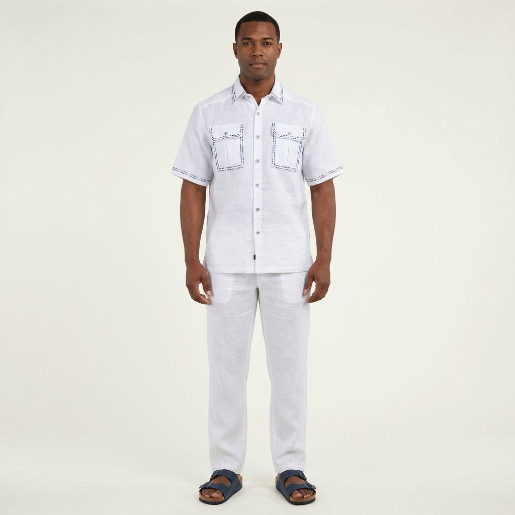 White and navy Prestige Linen Set LUX-530 clothing laid out flat on a white background.