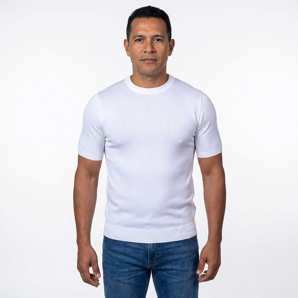 White Prestige crew neck short sleeve shirt, model CMK-350, displayed on a plain background, showcasing its classic fit and fabric.