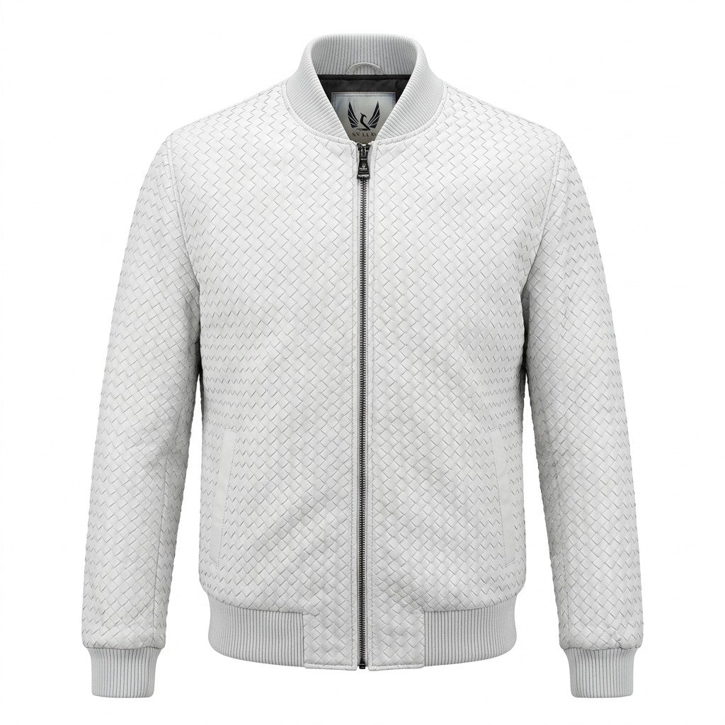 Men’s SVELG premium woven lambskin leather bomber jacket in white, showcasing the sleek collar and detailed stitching.