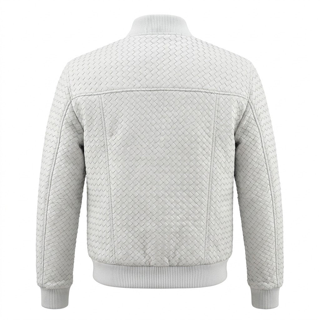 Men’s SVELG premium woven lambskin leather bomber jacket, white color, featuring a classic collar and zip closure.