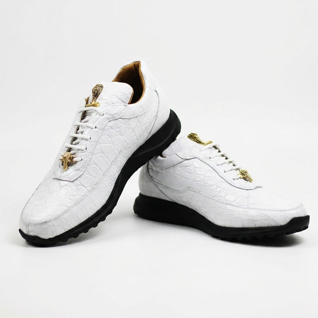 White Mauri 8900 Alligator Sneakers with textured alligator pattern, casual lace-up design, and sporty style.