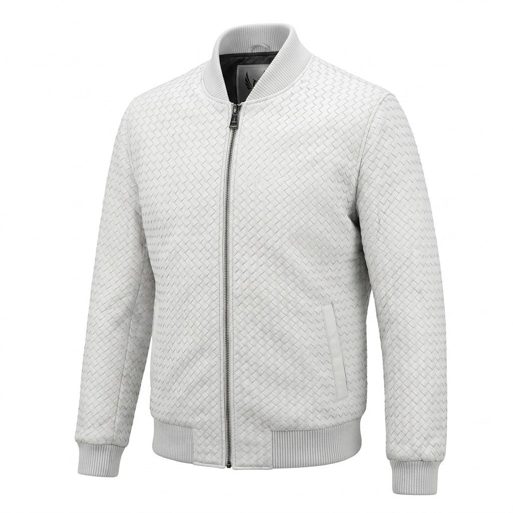 Men’s SVELG premium woven lambskin leather bomber jacket, white, with ribbed cuffs and collar, stylish men's coat and jacket.