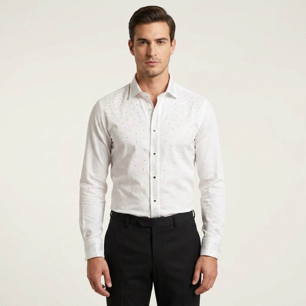 White Andrea Bossi studded dress shirt with button-up front and collar, featuring metal stud details on the fabric.