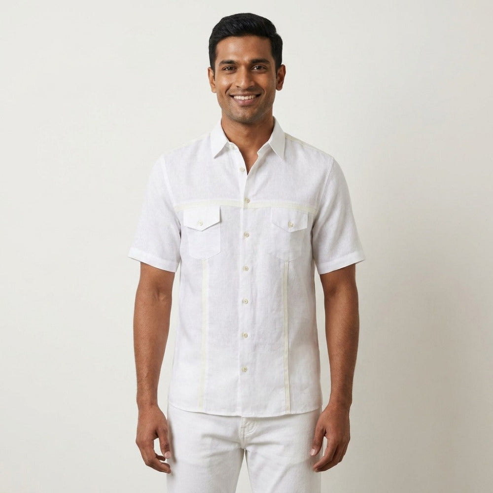 White Torras linen short sleeve button-up shirt with lambskin trim, stylish and lightweight for casual wear.