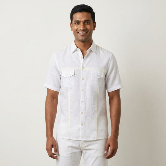 White Torras linen short sleeve button-up shirt with lambskin trim, stylish and lightweight for casual wear.