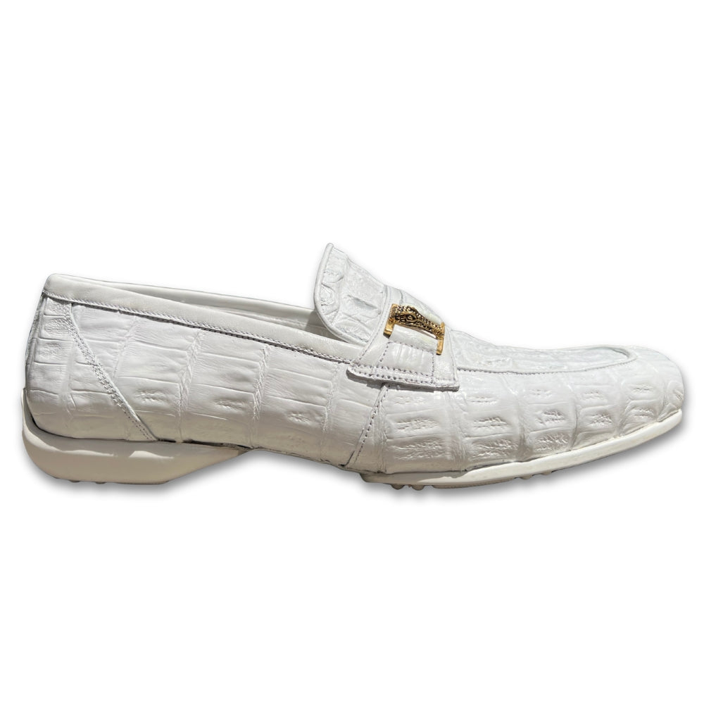 Mauri 9200 Hornback Crocodile Loafers in white leather, featuring a sleek design and textured crocodile pattern on the shoes.