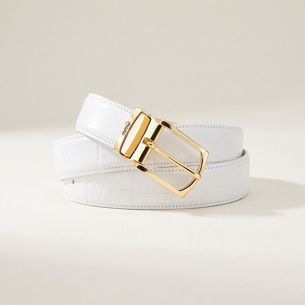 White Mauri Alligator Belt showing textured alligator leather and classic buckle detail.