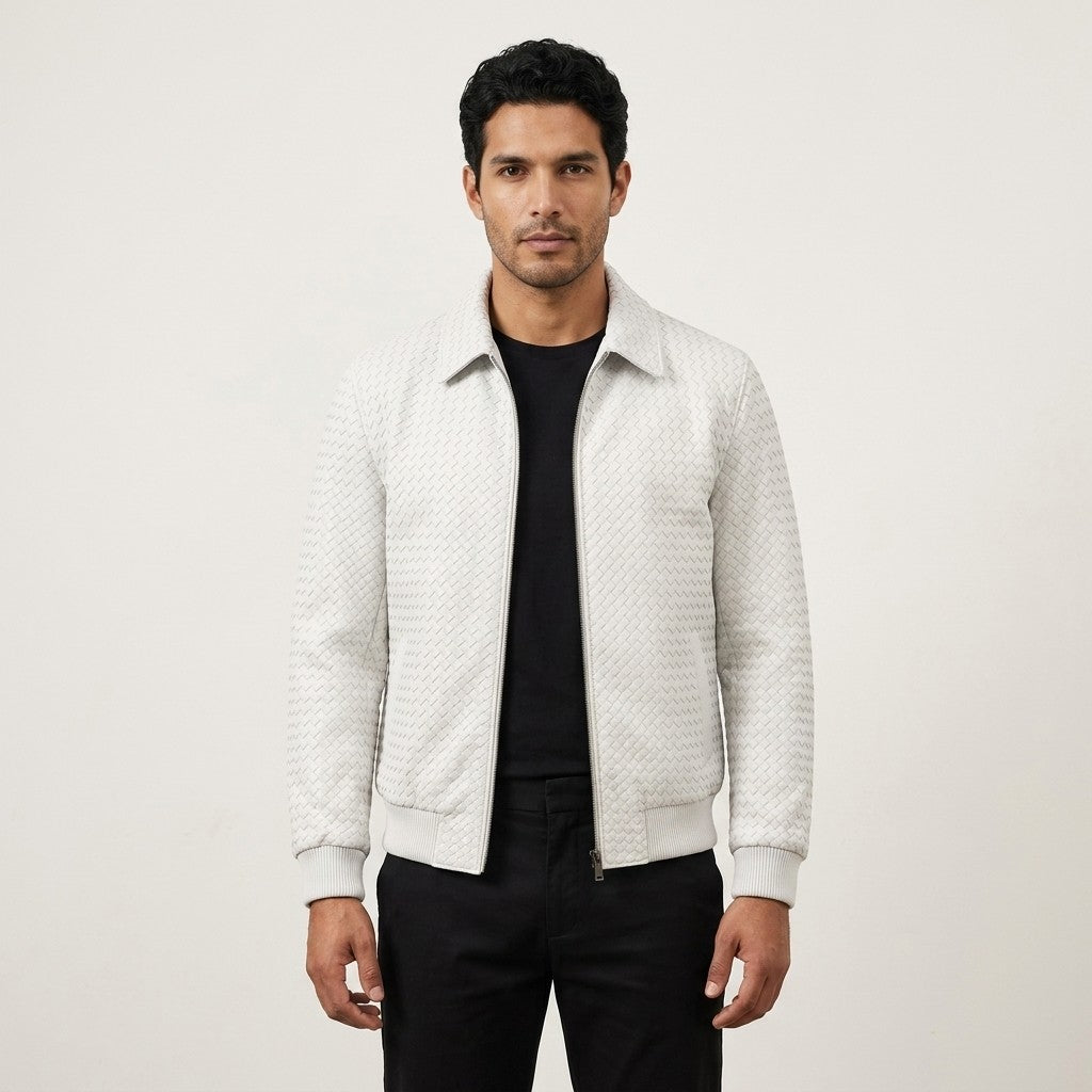 Men’s white SVELG woven lambskin leather bomber jacket with shirt-style collar, sleek and stylish coat for men.