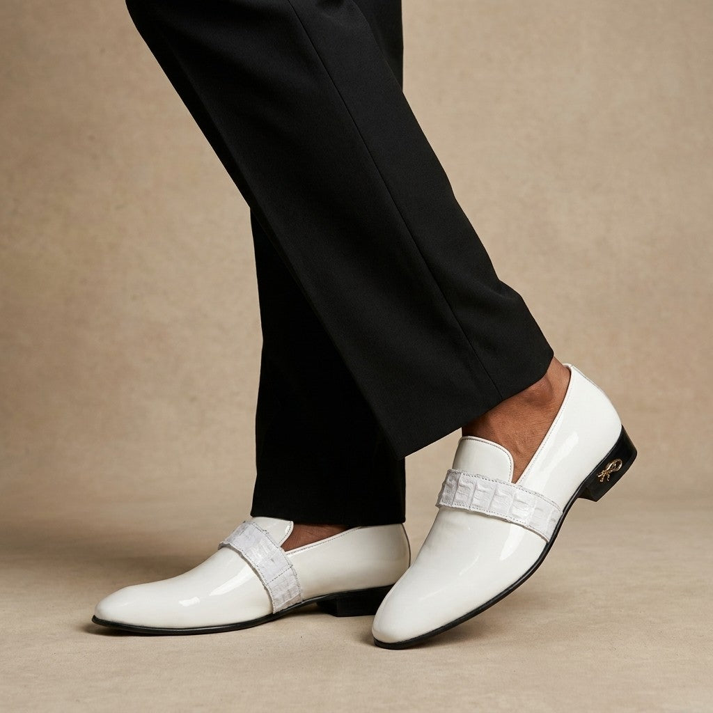 Mauri 4709 patent leather and horn-back loafer in white, stylish slip-on shoes with sleek design and polished finish.