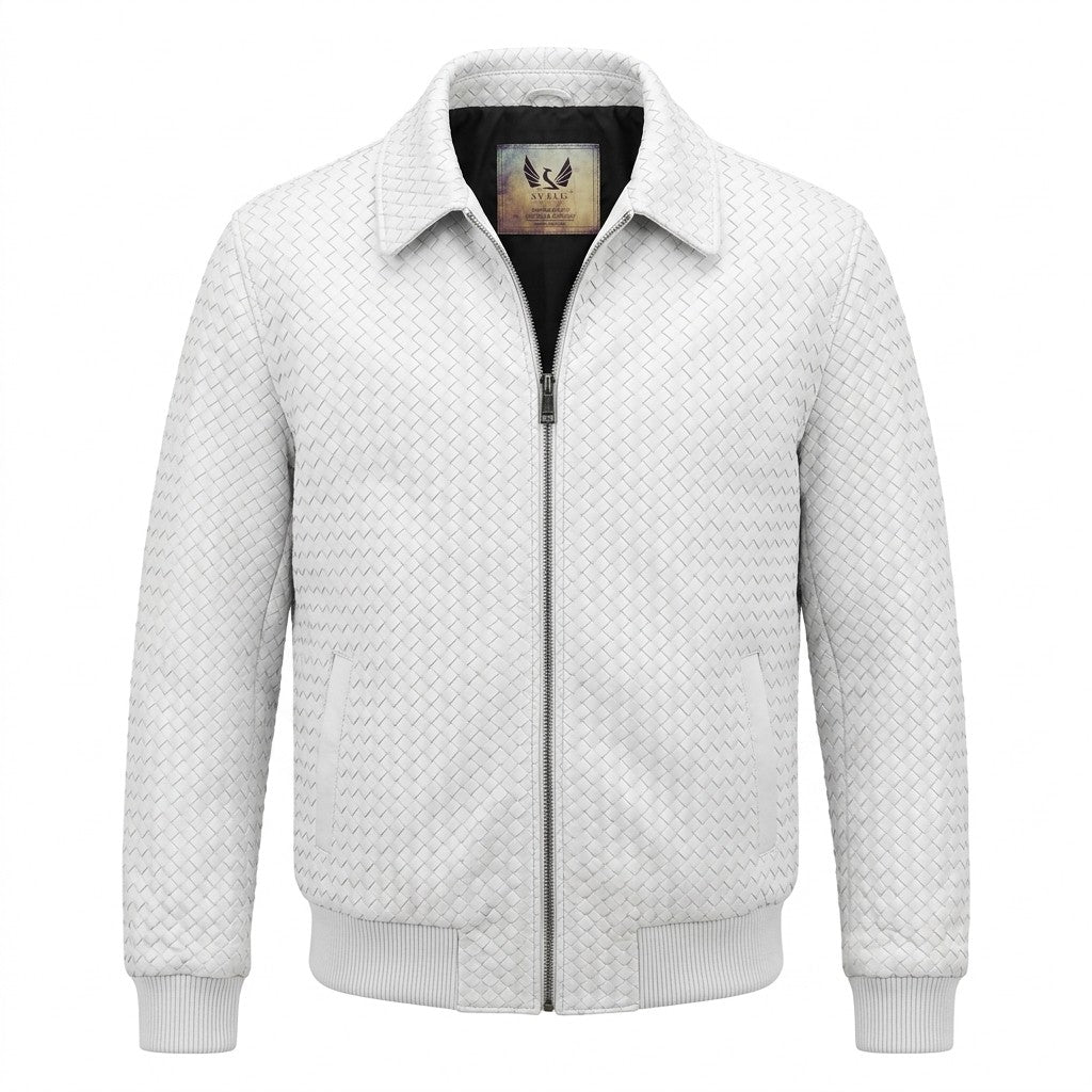 Men’s white SVELG premium woven lambskin leather bomber jacket with shirt-style collar, slim fit, and smooth texture.