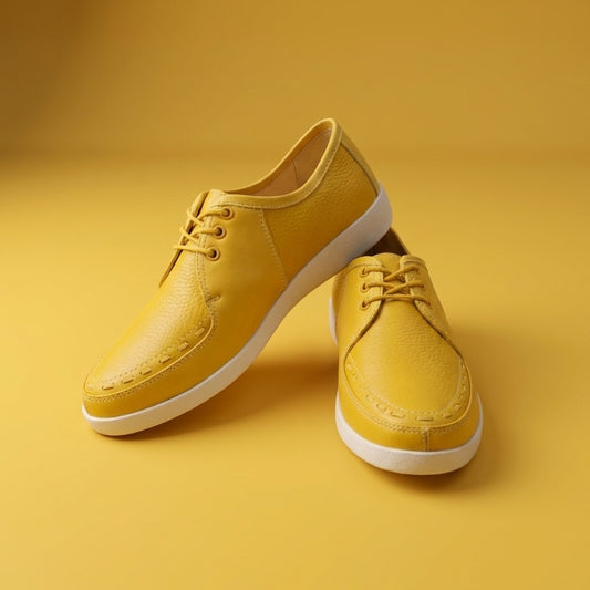 Yellow Johnny Famous New York Delancey low top sneakers with white soles and laces, stylish casual footwear for men.