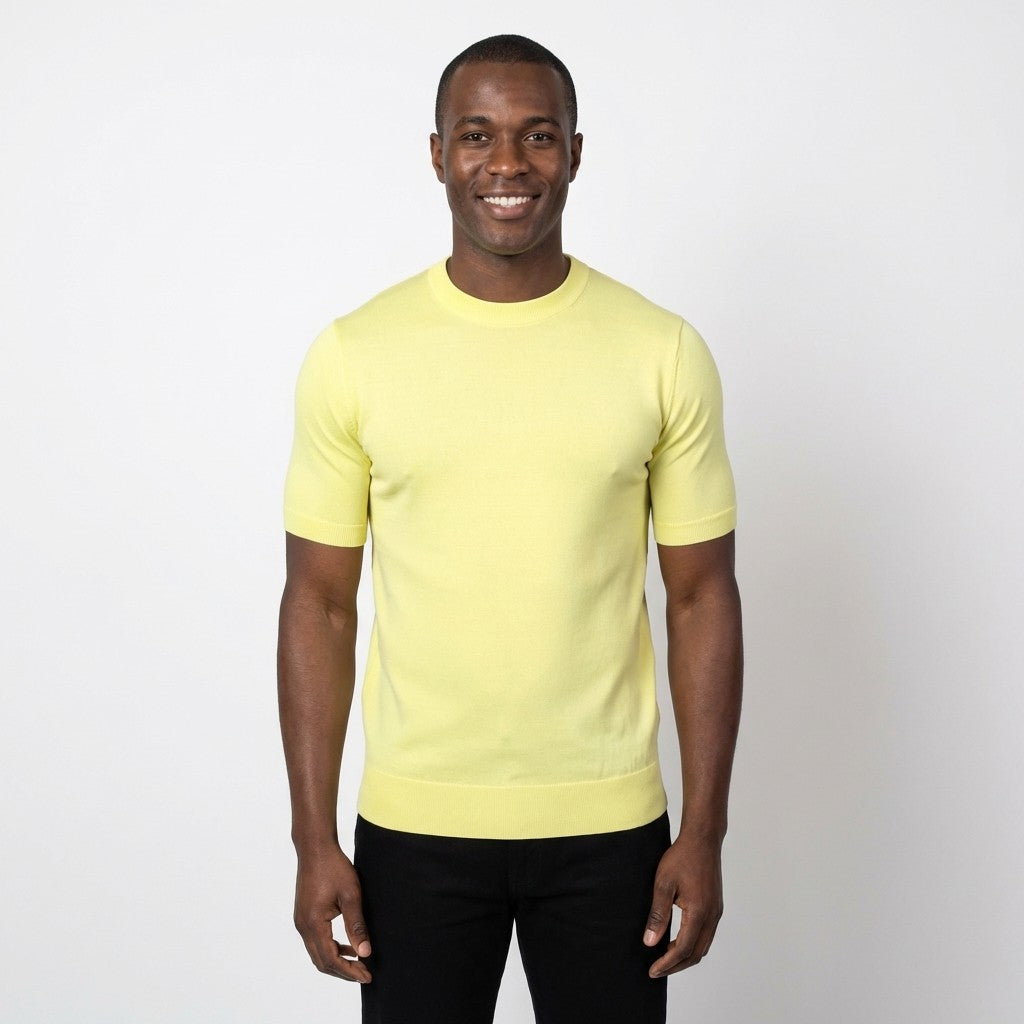 Bright yellow Prestige crew neck short sleeve shirt, lightweight cotton clothing with a classic fit and clean design.