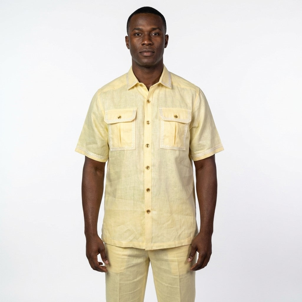 Yellow Prestige Linen Set LUX-630, stylish clothing with a soft, textured fabric, displayed on a flat surface.