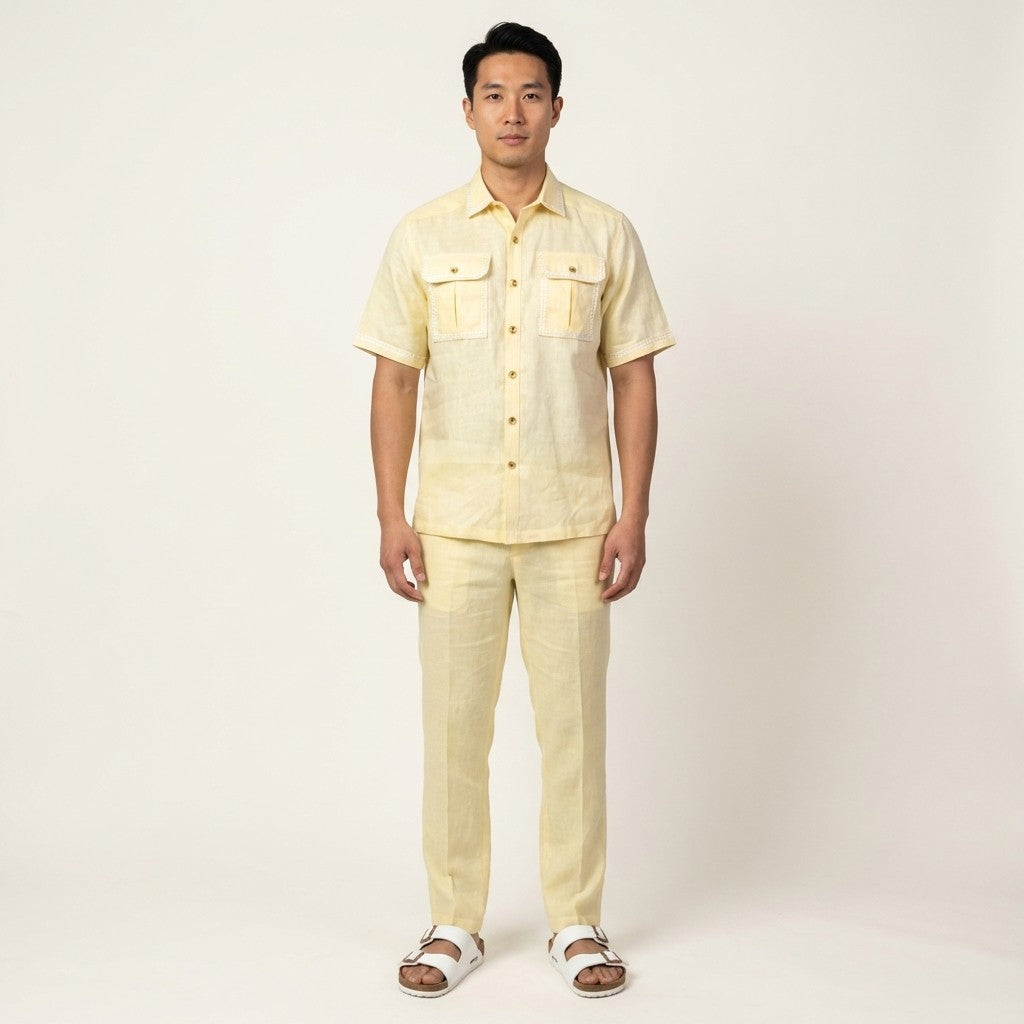 Prestige Linen Set LUX-630 in yellow, stylish clothing with a comfortable fit, showcased on a model.