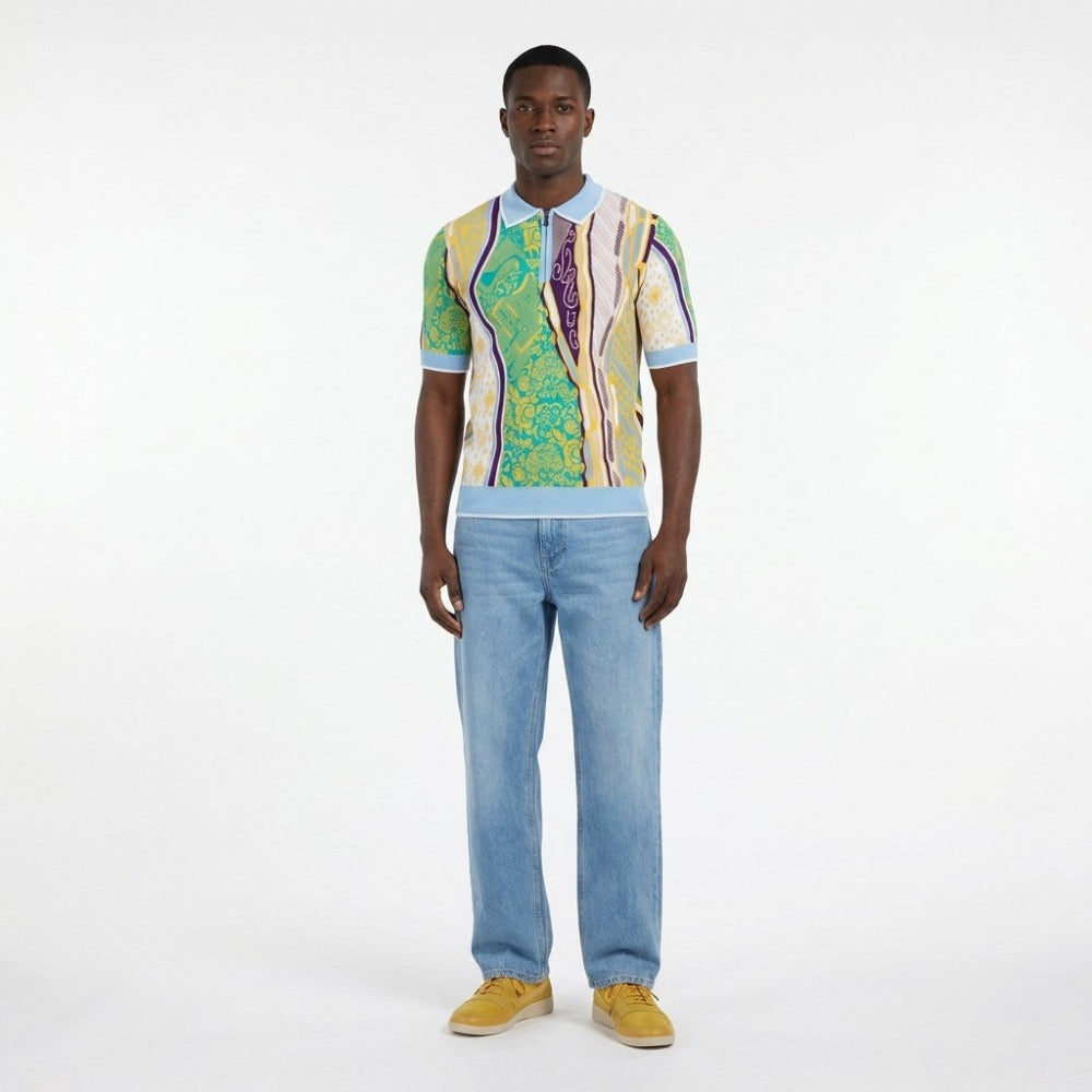 Prestige multi-color knit polo shirt featuring yellow and blue design, casual clothing for men or women.