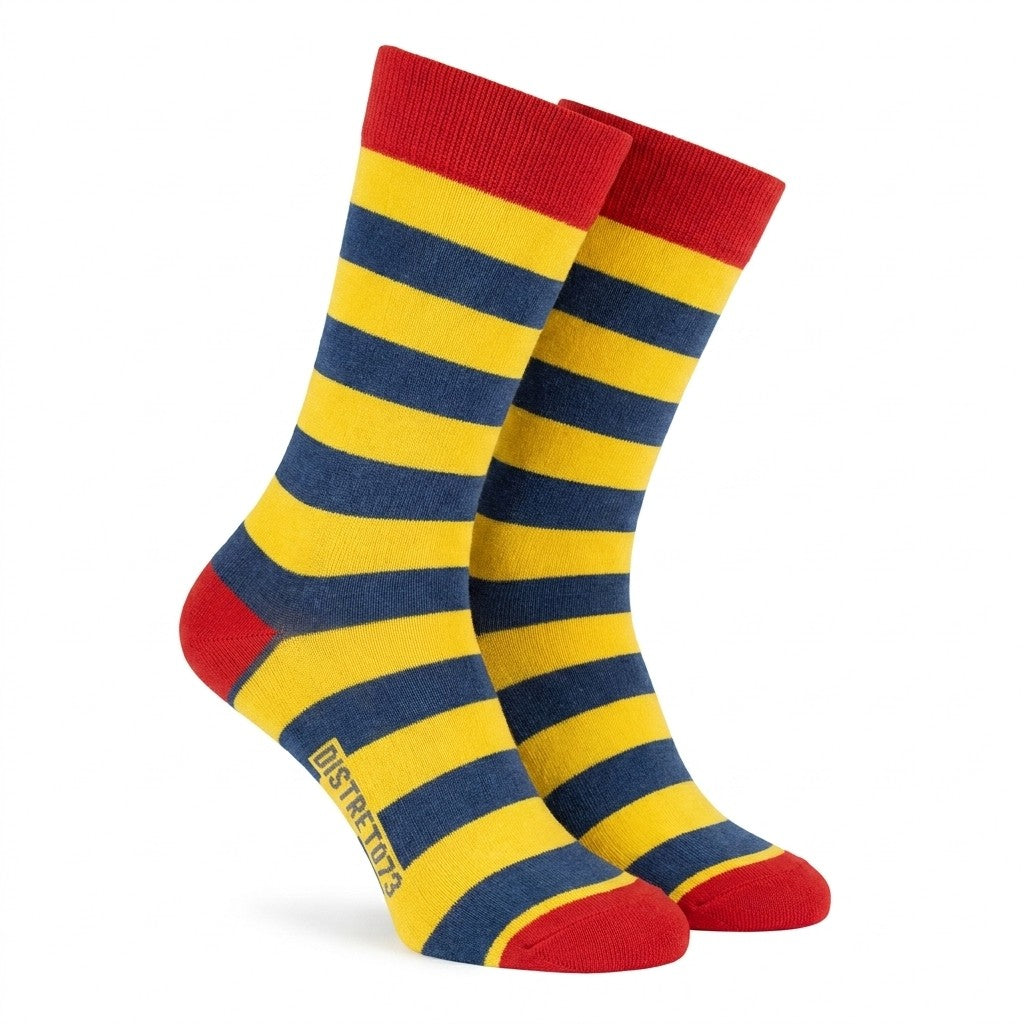 Cellini Uomo Distretto73 men's Filoscozia cotton striped crew socks in yellow, red, and blue with bold pattern.