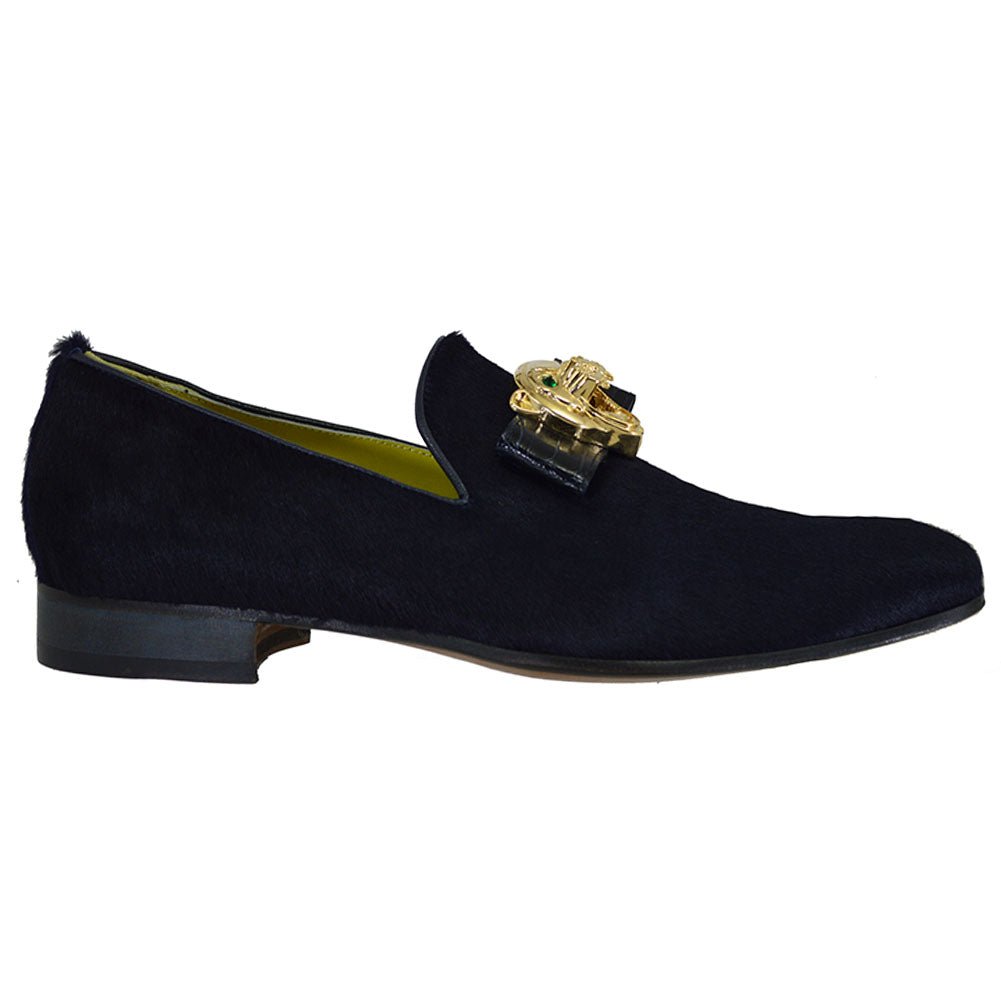 Sheriff Collection x Mauri 4965 Navy Blue Pony & Croc Gold Panther Loafer