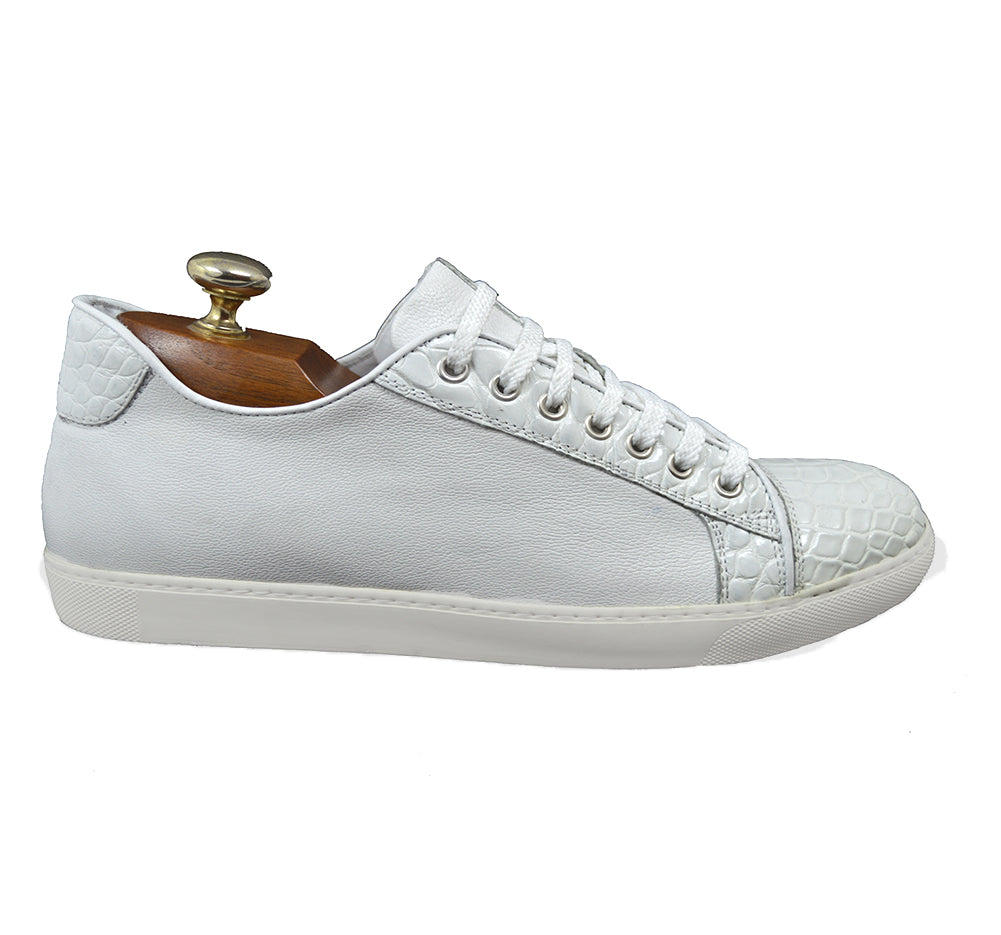 Calzoleria Toscana 5584 crocodile leather sneakers in white with sleek design and textured crocodile pattern.