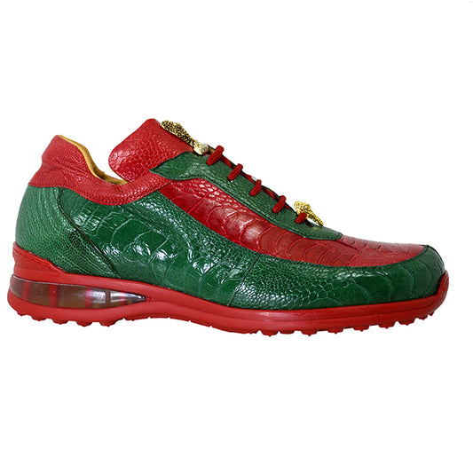 Mauri Eclectic Ostrich Casual Sneakers in green and red with textured ostrich leather, stylish and comfortable footwear.