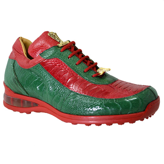 Mauri Eclectic 8569 ostrich leather casual sneakers in green and red with stylish design and comfortable fit