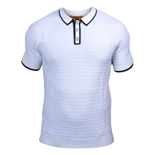 White Prestige Ribknit Polo 273, a men's casual shirt with ribbed knit fabric and collar, displayed on a hanger.