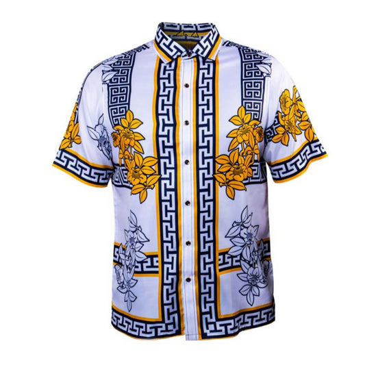 Prestige Digital Print Luxury Shirt 108 in vibrant yellow with intricate digital patterns, showcasing stylish men's shirt design.